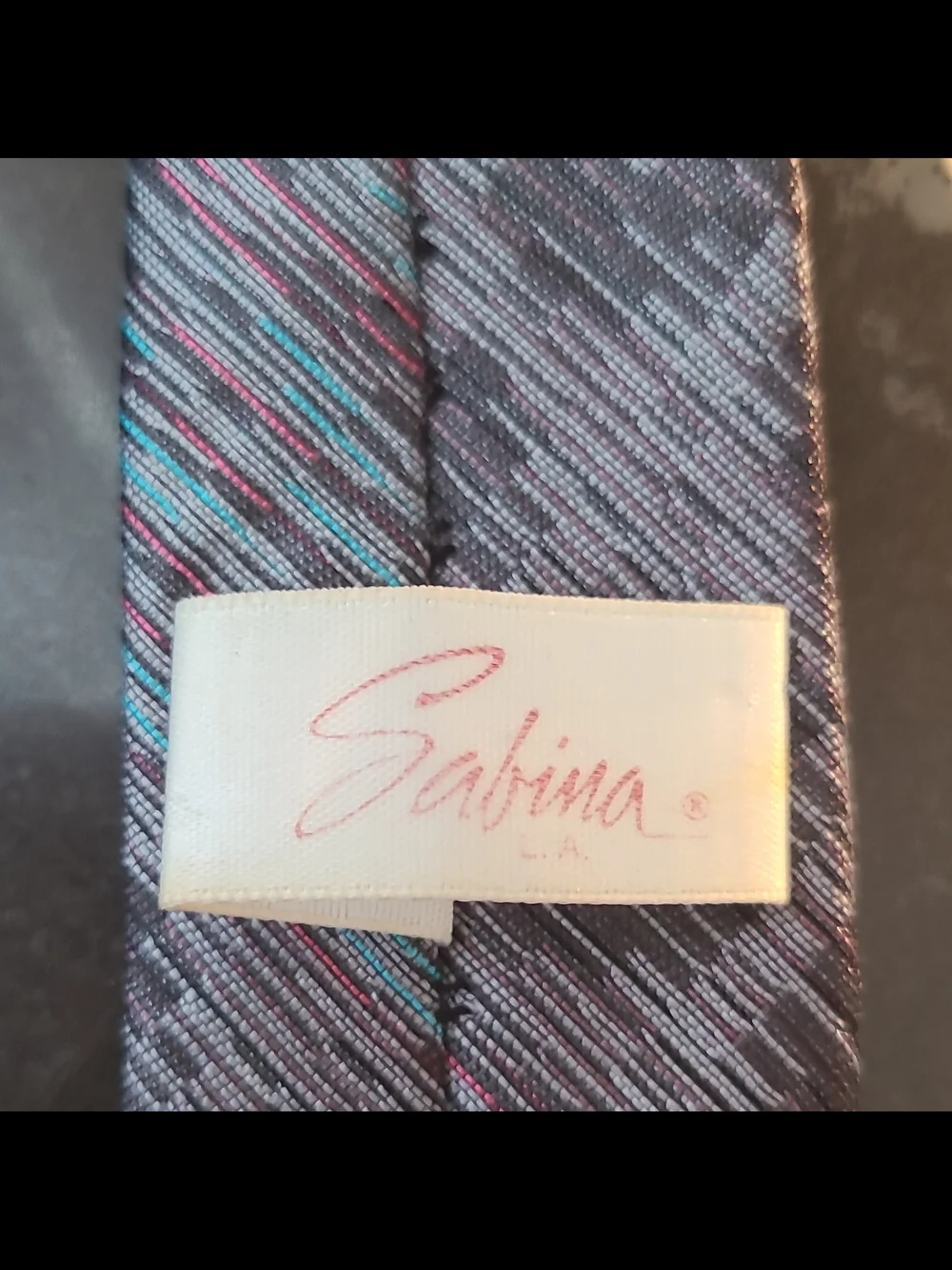 80s Sabina Men's Gray Blue Pink Striped Woven Polyester Skinny  Necktie
